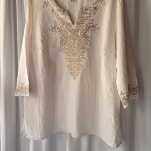 Norm Thompson, Ivory Linen/Cotton Gold Embroidered Tunic Size PXL
